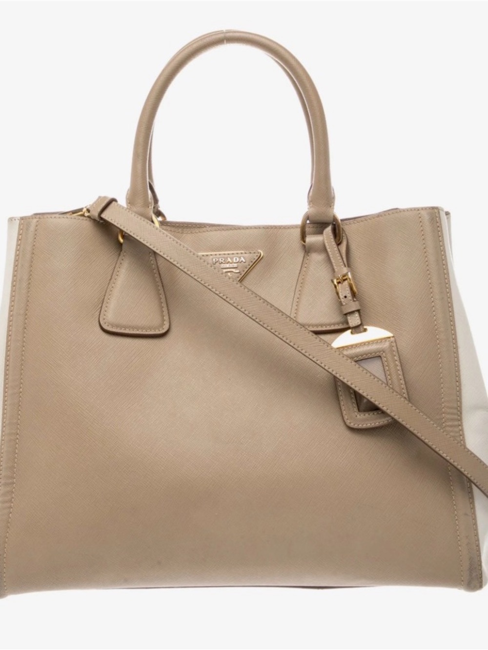 Prada Beige Saffiano Leather Shoulder Bag with Gold Hardware